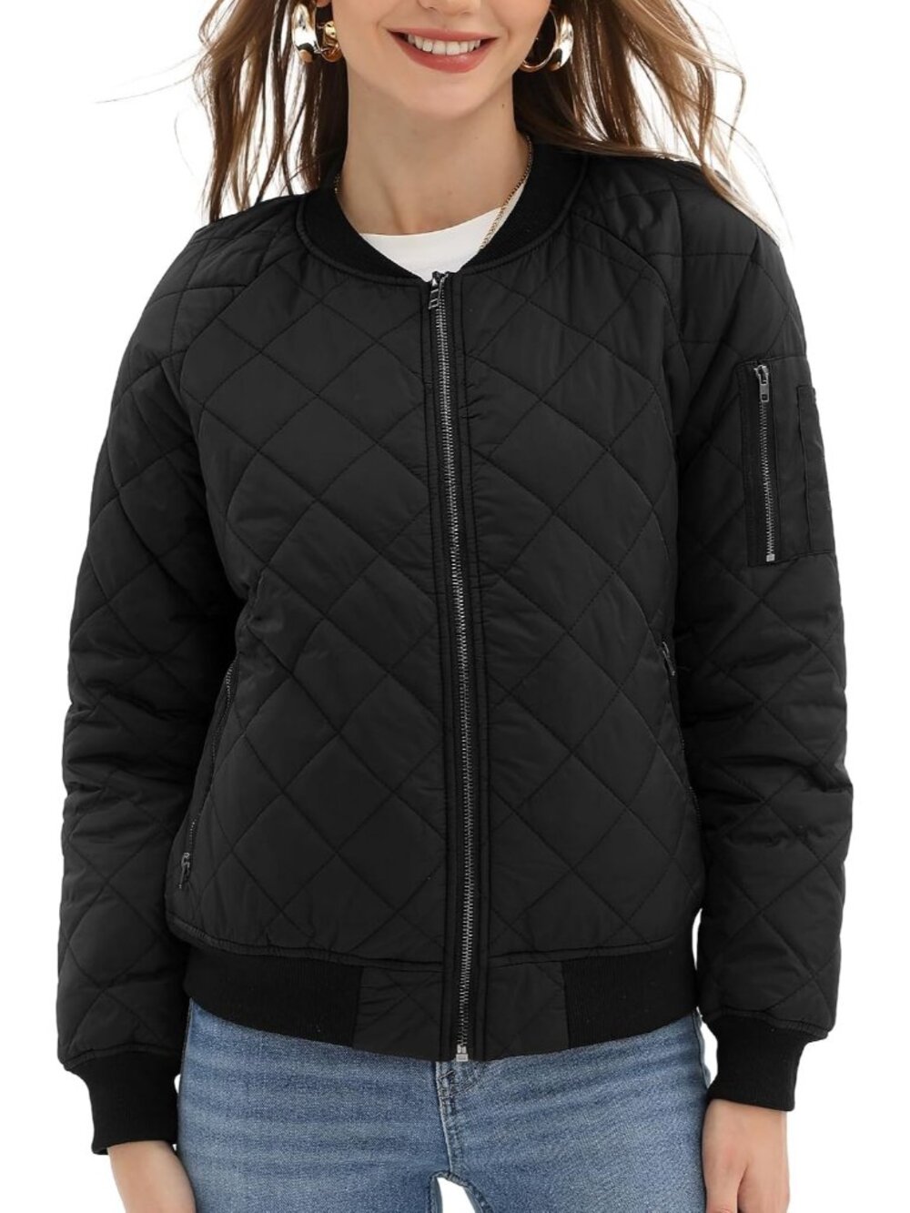 Women's Black Quilted Bomber Jacket with 5 Pockets Long Sleeves Front Zipper